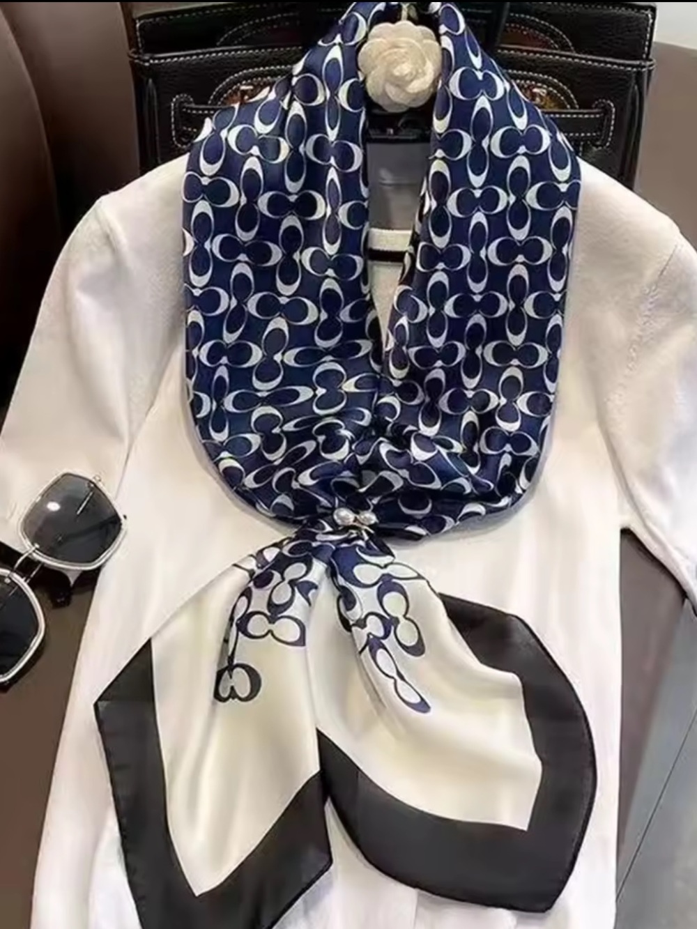 Kohl's Navy and White Patterned Silk-Feel Scarf
